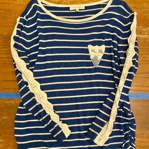 Young Threads Striped Blue Sweater with Lace Pocket